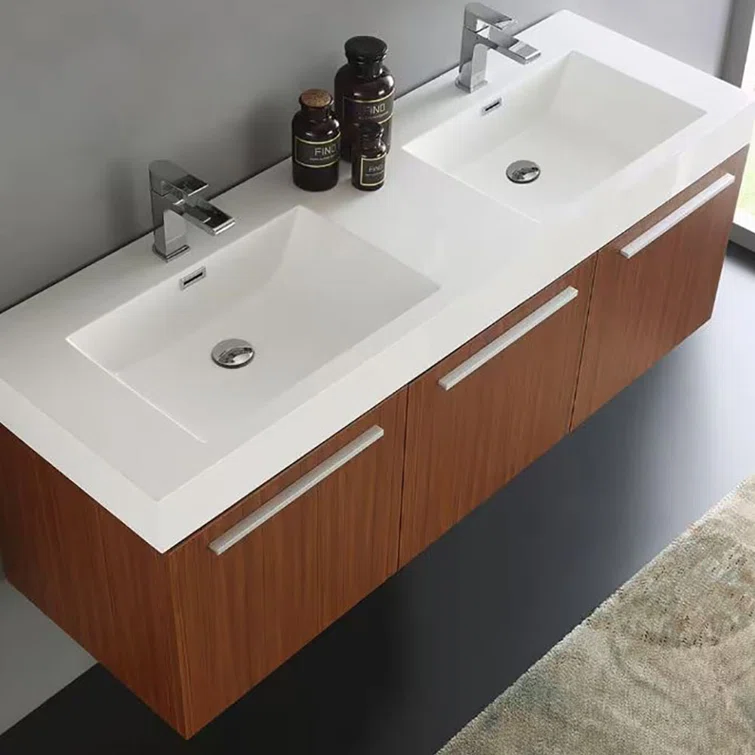 Teak 59" Wall-Mount Double Vanity Cabinet Base