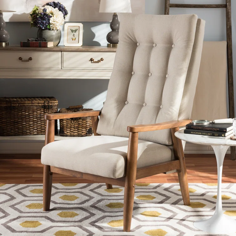 Walnut Brown & Light Beige Leather High-Back Accent Chair