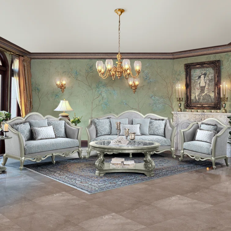 Elegant 85'' Light Gray Linen Sofa with Champagne Wooden Trim