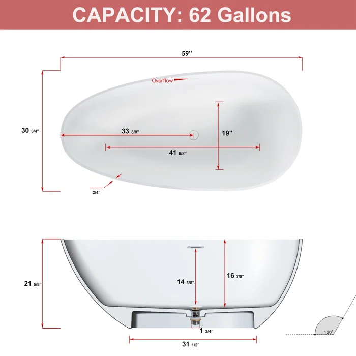 59'' Matte White Acrylic Freestanding Soaking Bathtub