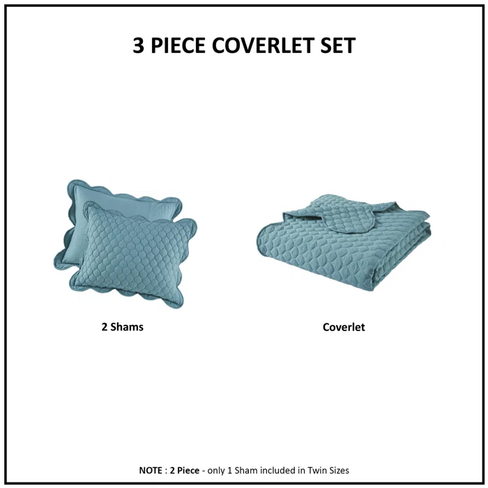 Teal King Reversible Microfiber Quilt Set with Scallop Edges
