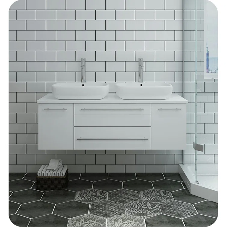 Lucera 48" White Wall-Mount Double Vessel Sink Vanity Base