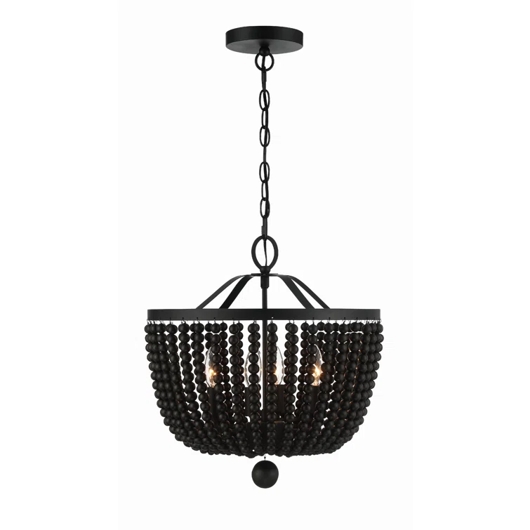Mini Matte Black Crystal and Wood Bead 4-Light Chandelier