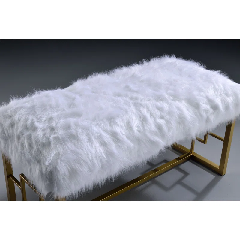 White Faux Fur Gold Metal Base Bench