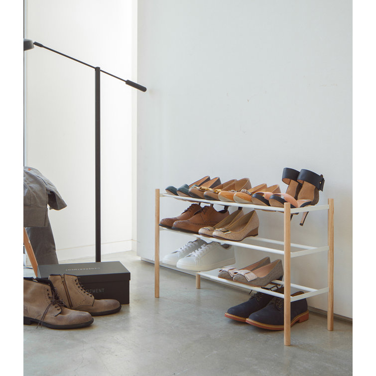 White Expandable 3-Tier Shoe Rack with Wood Accents