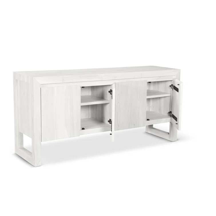 Whitewashed Acacia Wood Buffet with 4 Doors and 2 Shelves