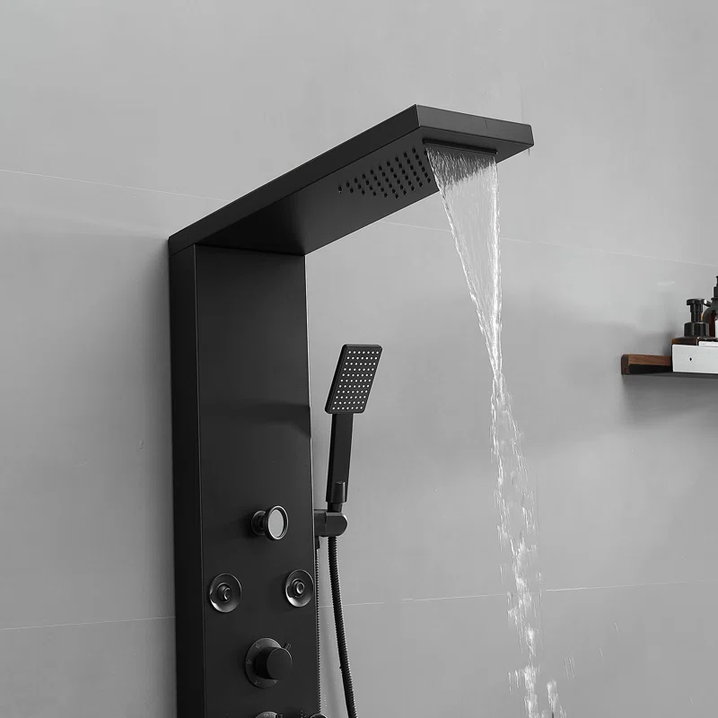 Matte Black 52'' Shower Panel with Rainfall Shower Head and Body Jets