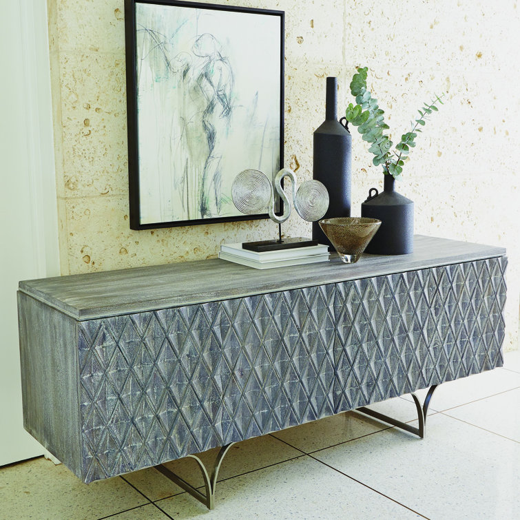 Handcrafted Antique Grey Mango Media Cabinet with Matte Nickel Frame