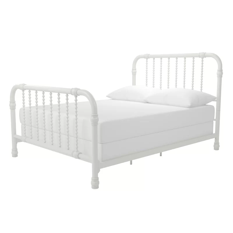 White Full Metal Bed Frame with Drawer and Scroll Design