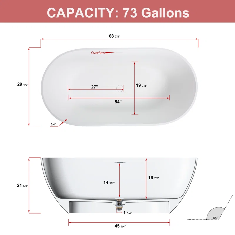 69'' Matte White Freestanding Acrylic Soaking Bathtub