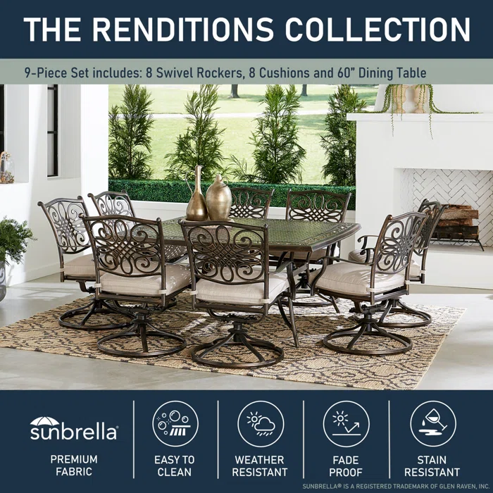Renditions 9-Piece Bronze Cast-Aluminum Dining Set with Sunbrella Cushions