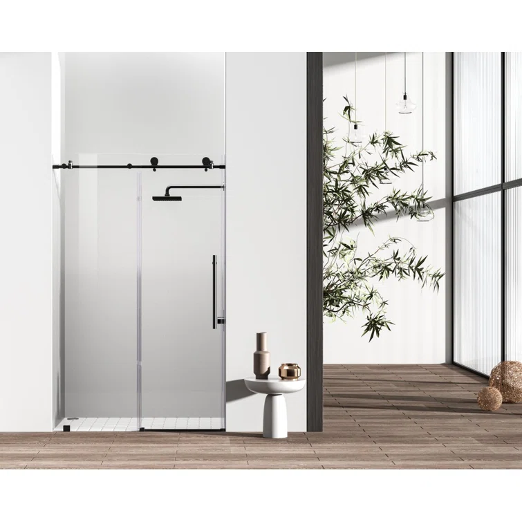 Matte Black Frameless Sliding Shower Door with Heavy-Duty Hinges