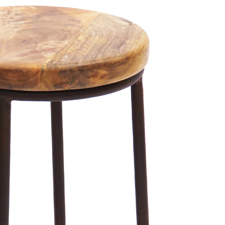 Circular Mango Wood and Iron 24'' Counter Stool in Brown and Black