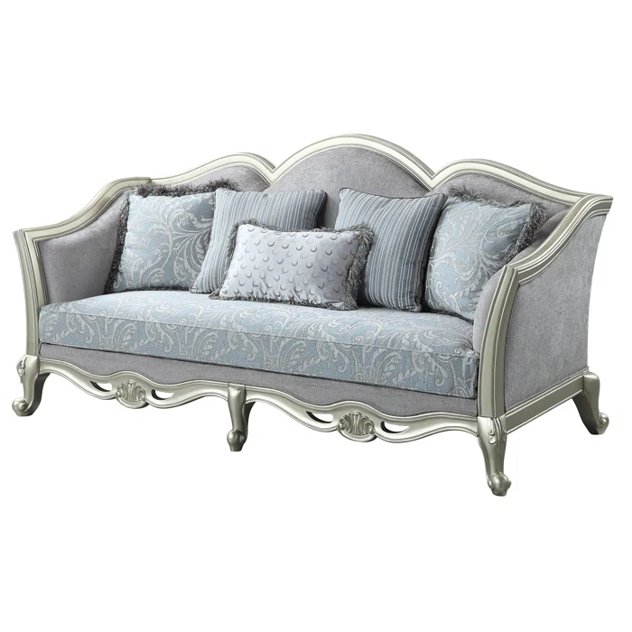 Elegant 85'' Light Gray Linen Sofa with Champagne Wooden Trim