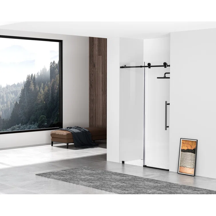 Matte Black Frameless Sliding Shower Door with Heavy-Duty Hinges