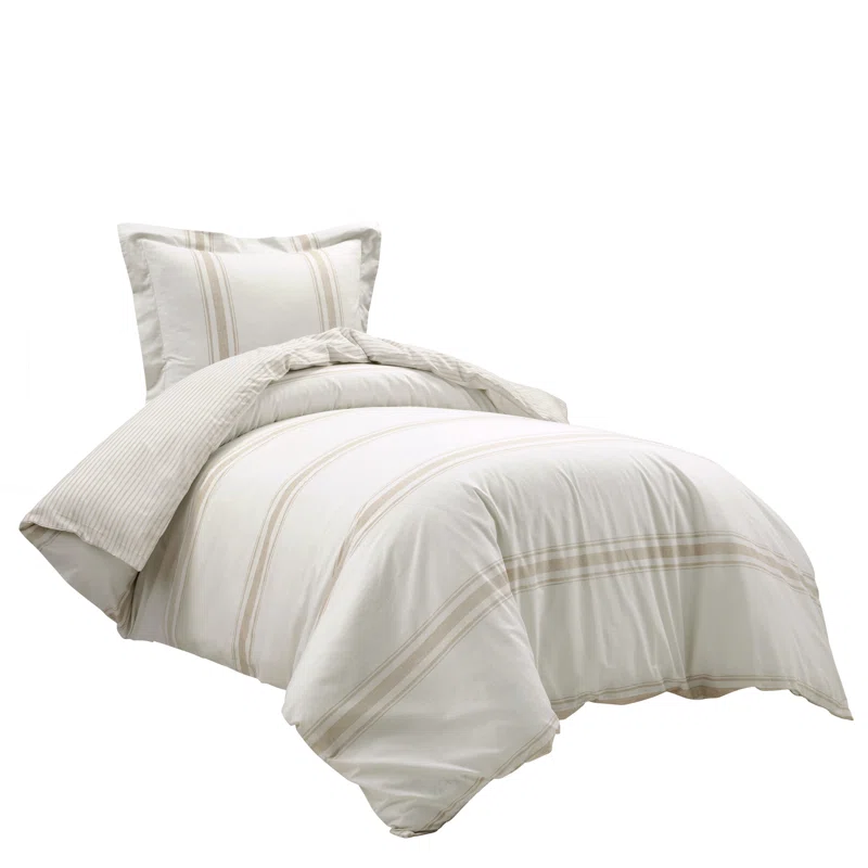 Neutral Twin XL Cotton Farmhouse Stripe Duvet Cover Set