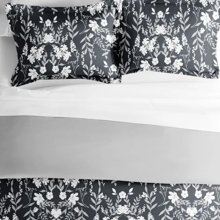 Black Floral Reversible Microfiber Full/Queen Duvet Cover Set