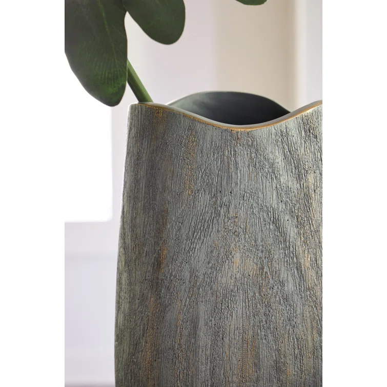 Antiqued Gray and Goldtone 13.98" Contemporary Resin Table Vase