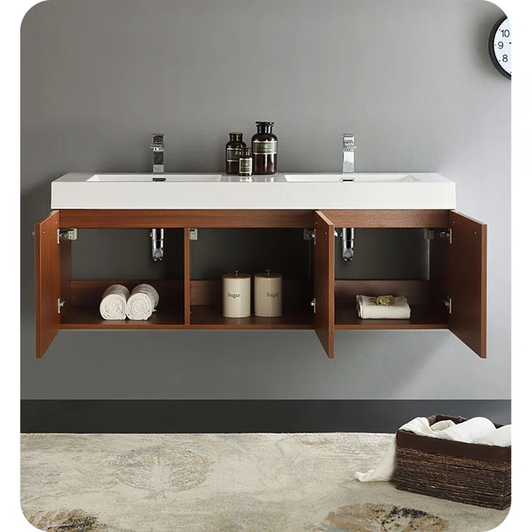 Teak 59" Wall-Mount Double Vanity Cabinet Base