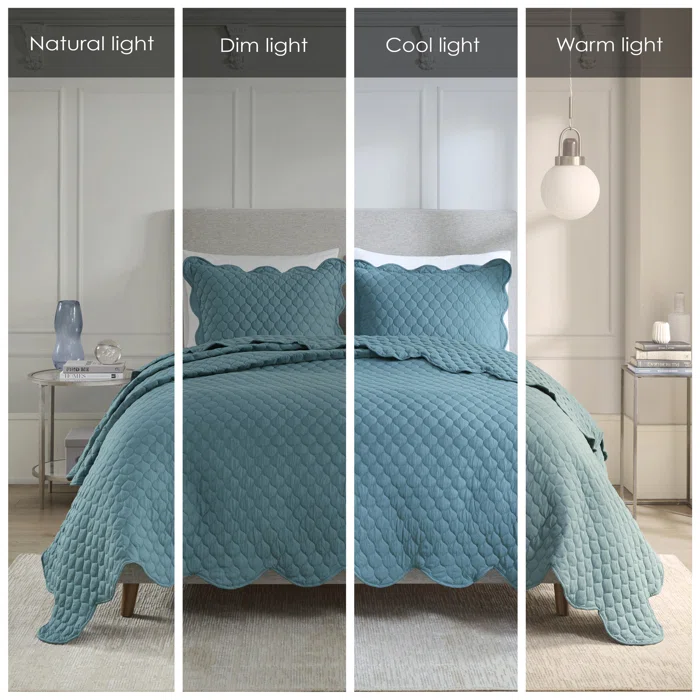 Teal King Reversible Microfiber Quilt Set with Scallop Edges