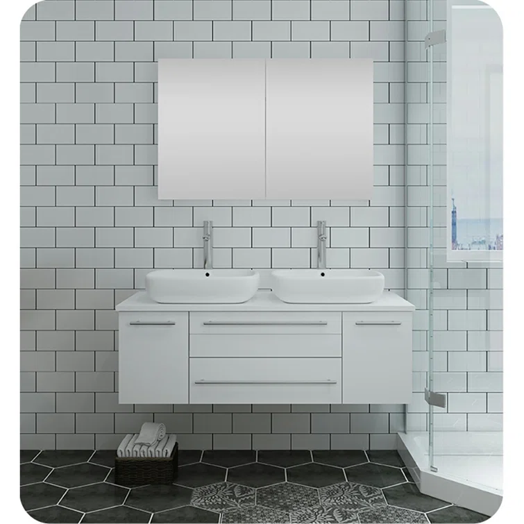 Lucera 48" White Wall-Mount Double Vessel Sink Vanity Base