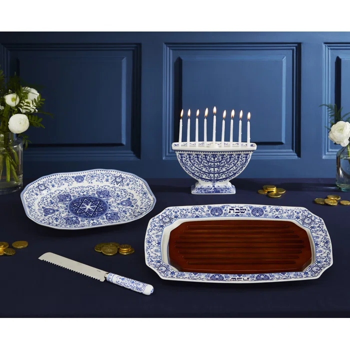 Sapphire Blue Ceramic Baroque Print Menorah