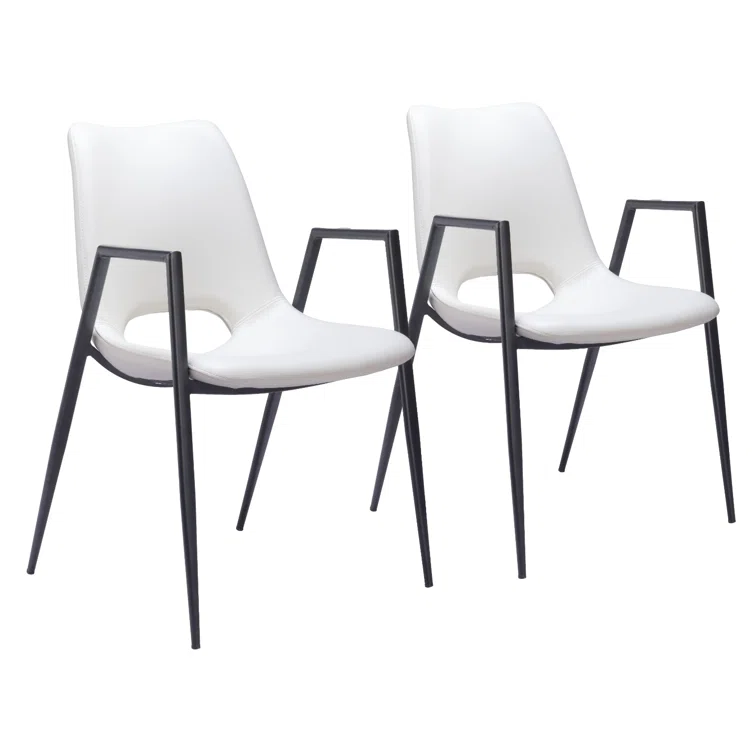 White Faux Leather Upholstered Arm Chair with Black Metal Legs