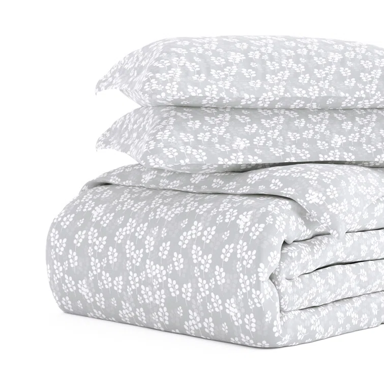 Gray Floral Microfiber Queen Duvet Cover Set