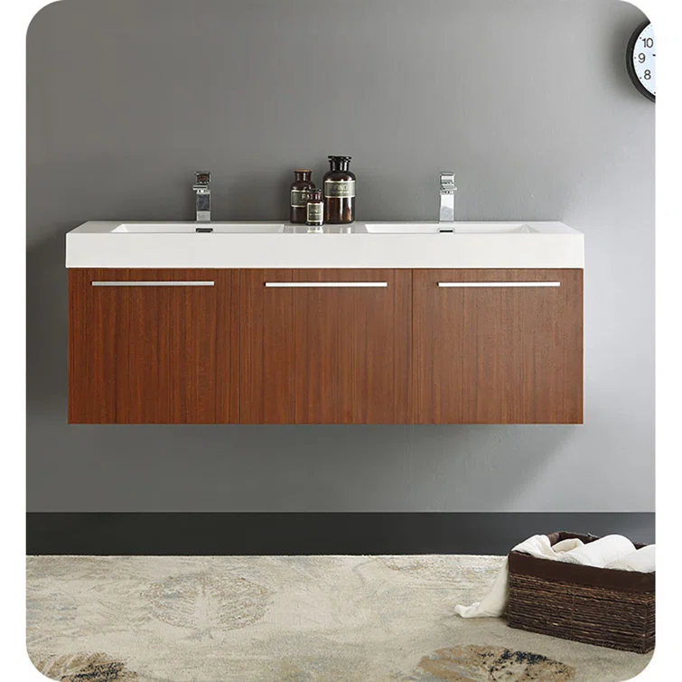 Teak 59" Wall-Mount Double Vanity Cabinet Base