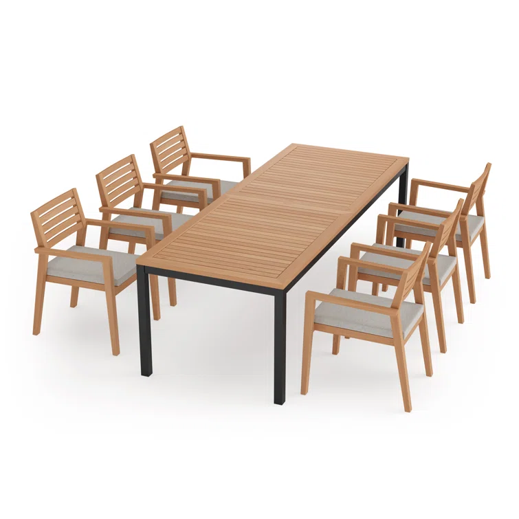 Rhodes 7-Piece Natural Teak Dining Set with Silver Cushions