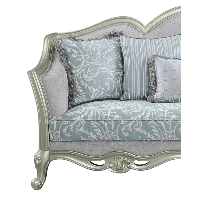 Elegant 85'' Light Gray Linen Sofa with Champagne Wooden Trim
