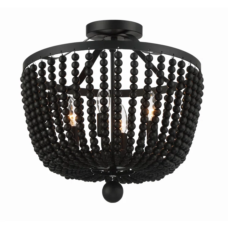 Mini Matte Black Crystal and Wood Bead 4-Light Chandelier