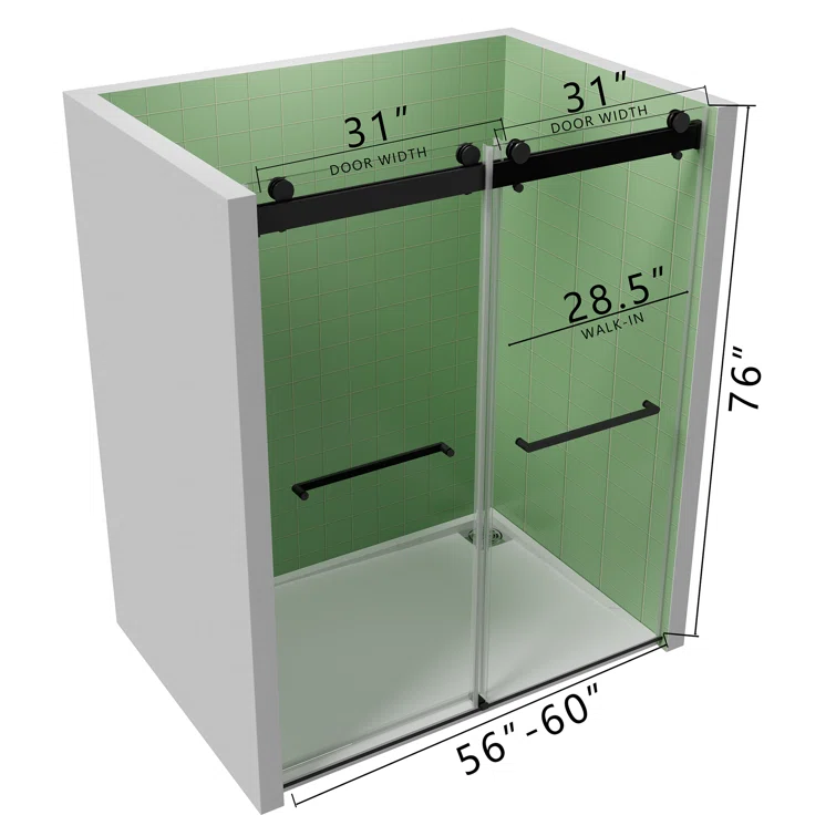 Matte Black 60" Frameless Sliding Shower Door with Tempered Glass