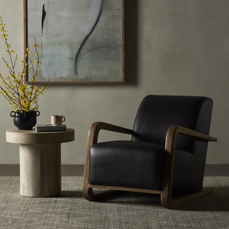 Sonoma Black Top-Grain Leather Armchair with Solid Oak Arms
