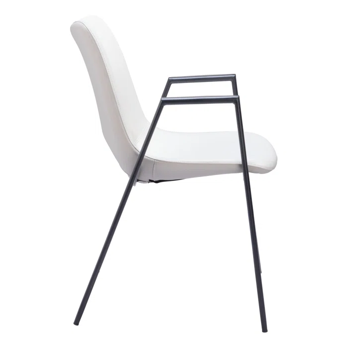 White Faux Leather Upholstered Arm Chair with Black Metal Legs