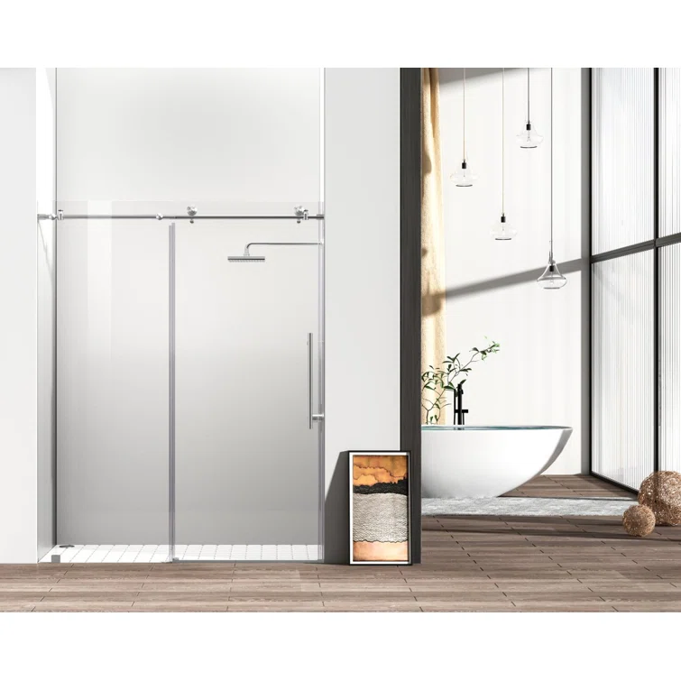 Elegant 60" x 76" Frameless Brushed Nickel Sliding Shower Door
