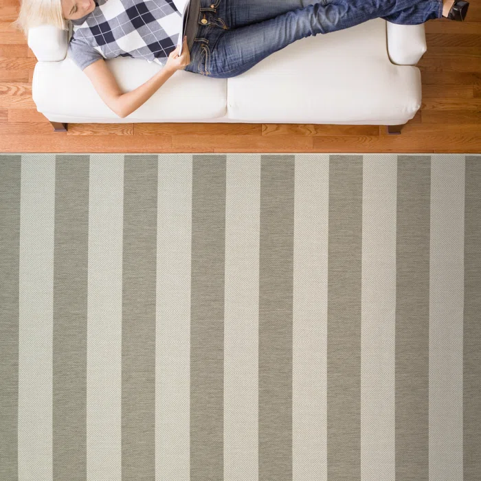 Tan and Ivory Striped Flatweave Indoor Outdoor Rug