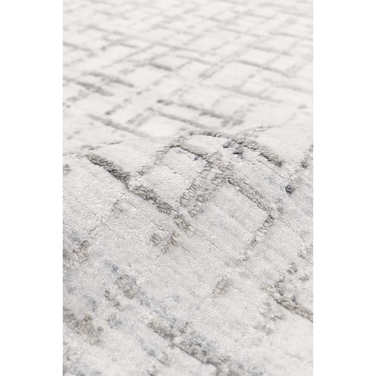 Hand-Loomed Ivory and Silver Wool-Viscose Blend Area Rug, 12' x 15'