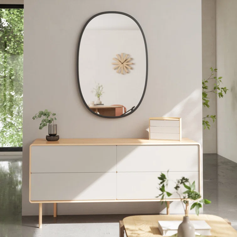 Modern Industrial Hub Oval Wall Mirror with Black Rubber Rim
