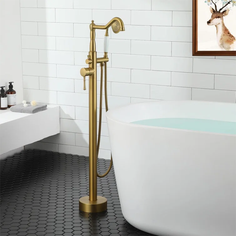 Brushed Gold Single Handle Floor Mounted Bathtub Faucet with Handheld Shower