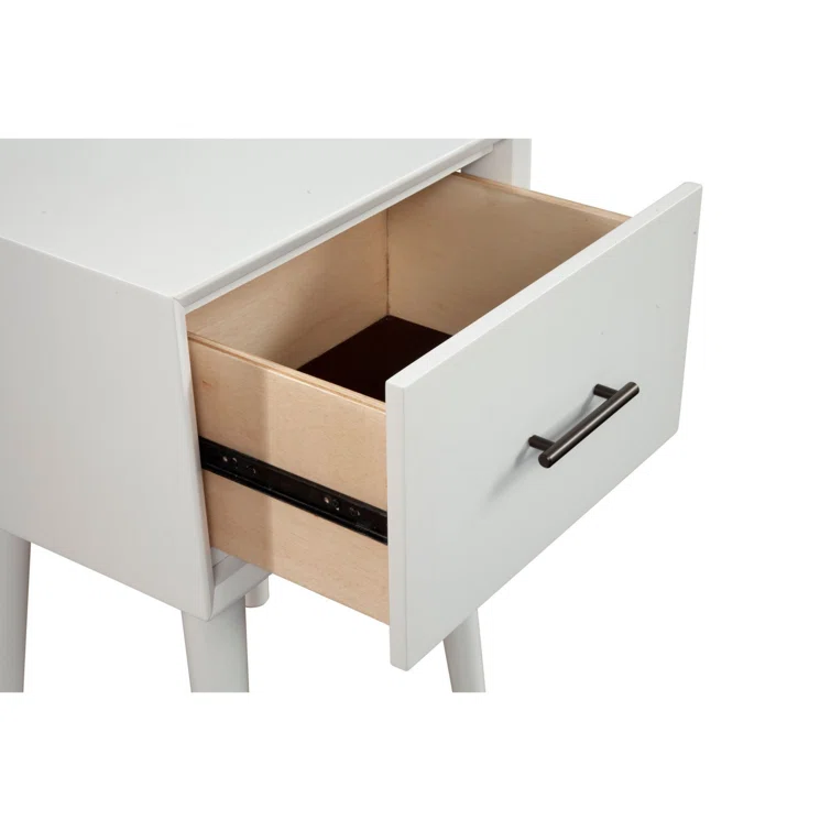 White Mid-Century Modern Solid Wood End Table with Storage