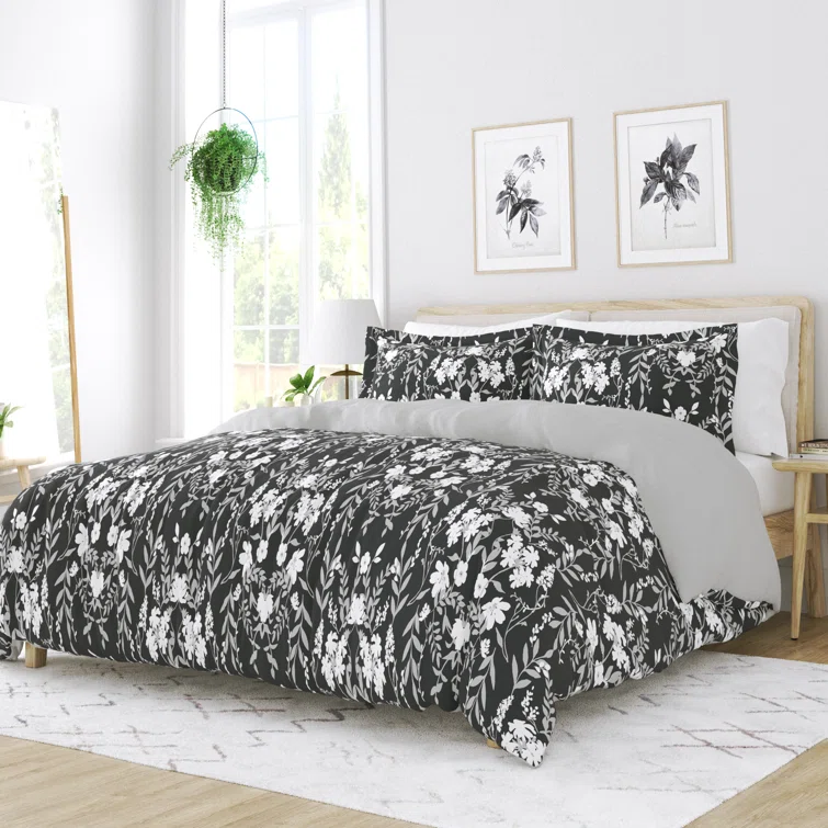 Black Floral Reversible Microfiber Full/Queen Duvet Cover Set