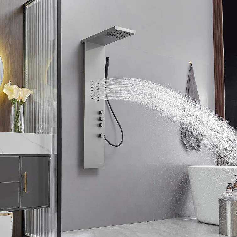 Brushed Nickel Multi-Function Shower Panel with Rainfall and Massage Jets