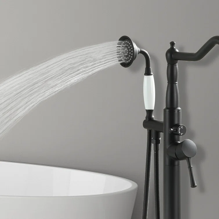 Matte Black Stainless Steel Freestanding Bathtub Faucet with Hand Shower