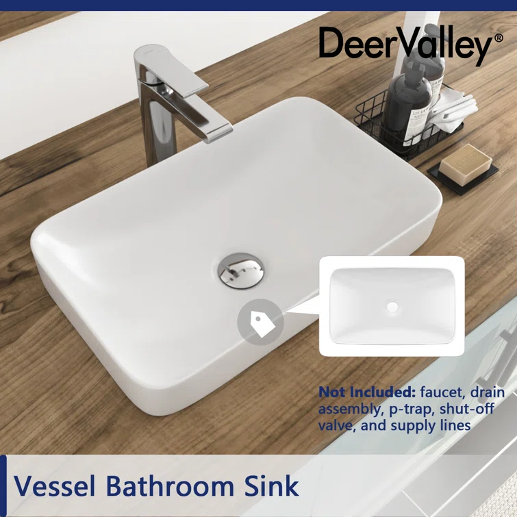 DeerValley 19'' White Ceramic Rectangular Above-Counter Vessel Sink