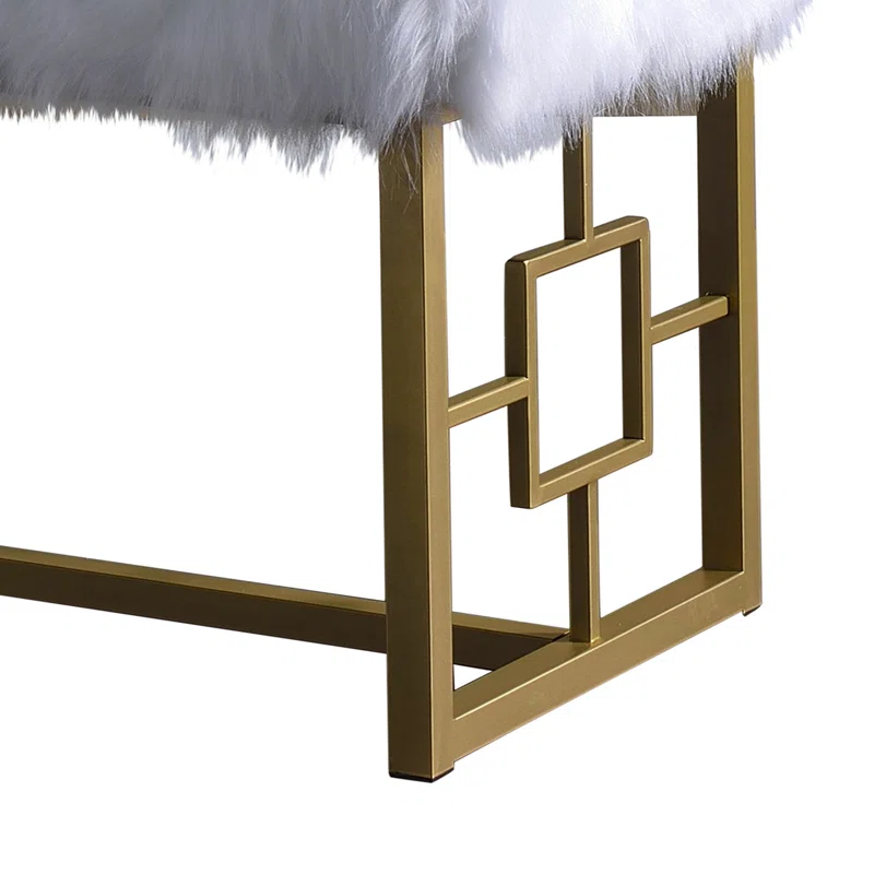 White Faux Fur Gold Metal Base Bench