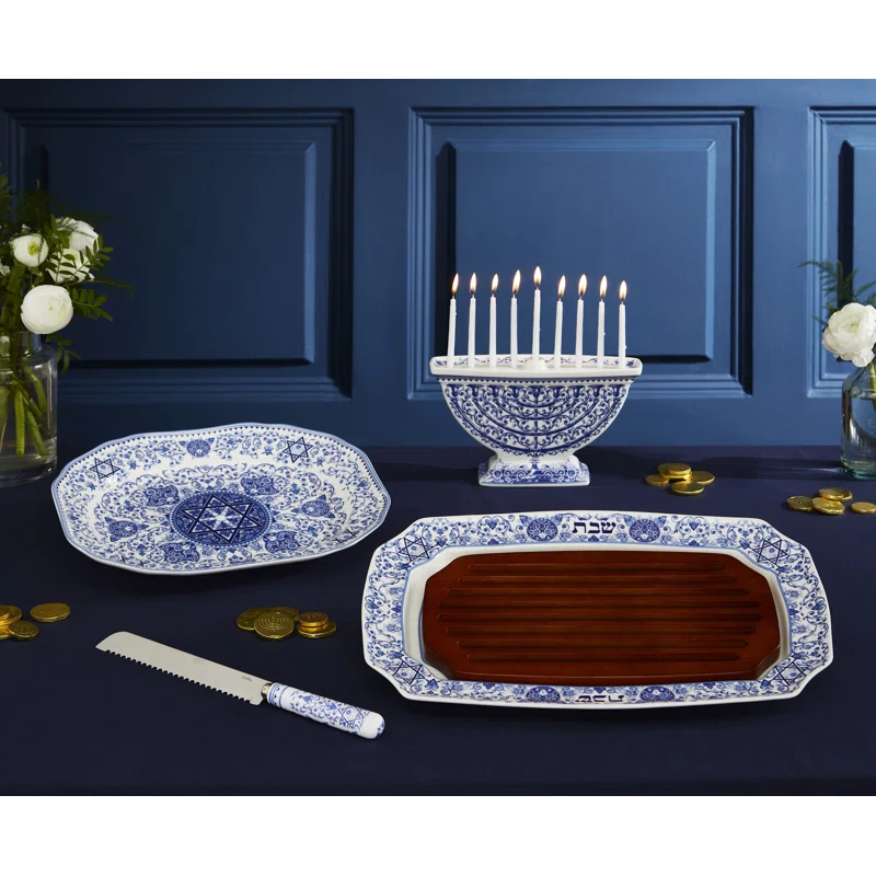 Sapphire Blue Ceramic Baroque Print Menorah