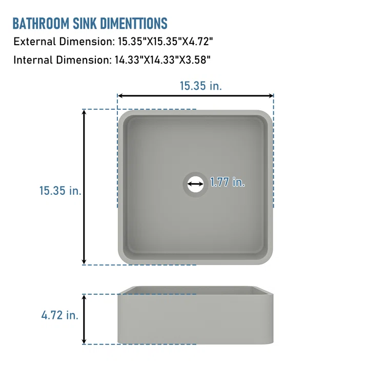 Cold Concrete Gray Ceramic Square Above-Counter Bathroom Sink