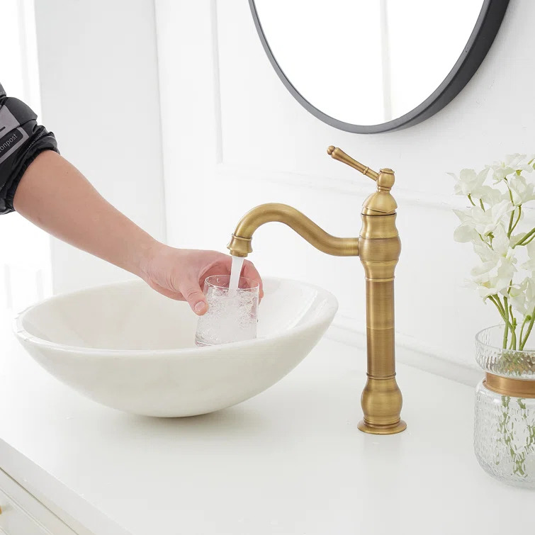 Antique Brass Single Handle Vessel Sink Faucet with Drain Assembly