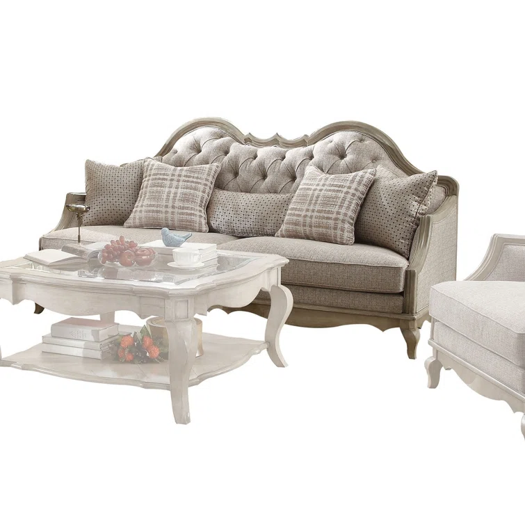 Chelmsford Beige Fabric Tufted Sofa with Antique Taupe Wood Accents